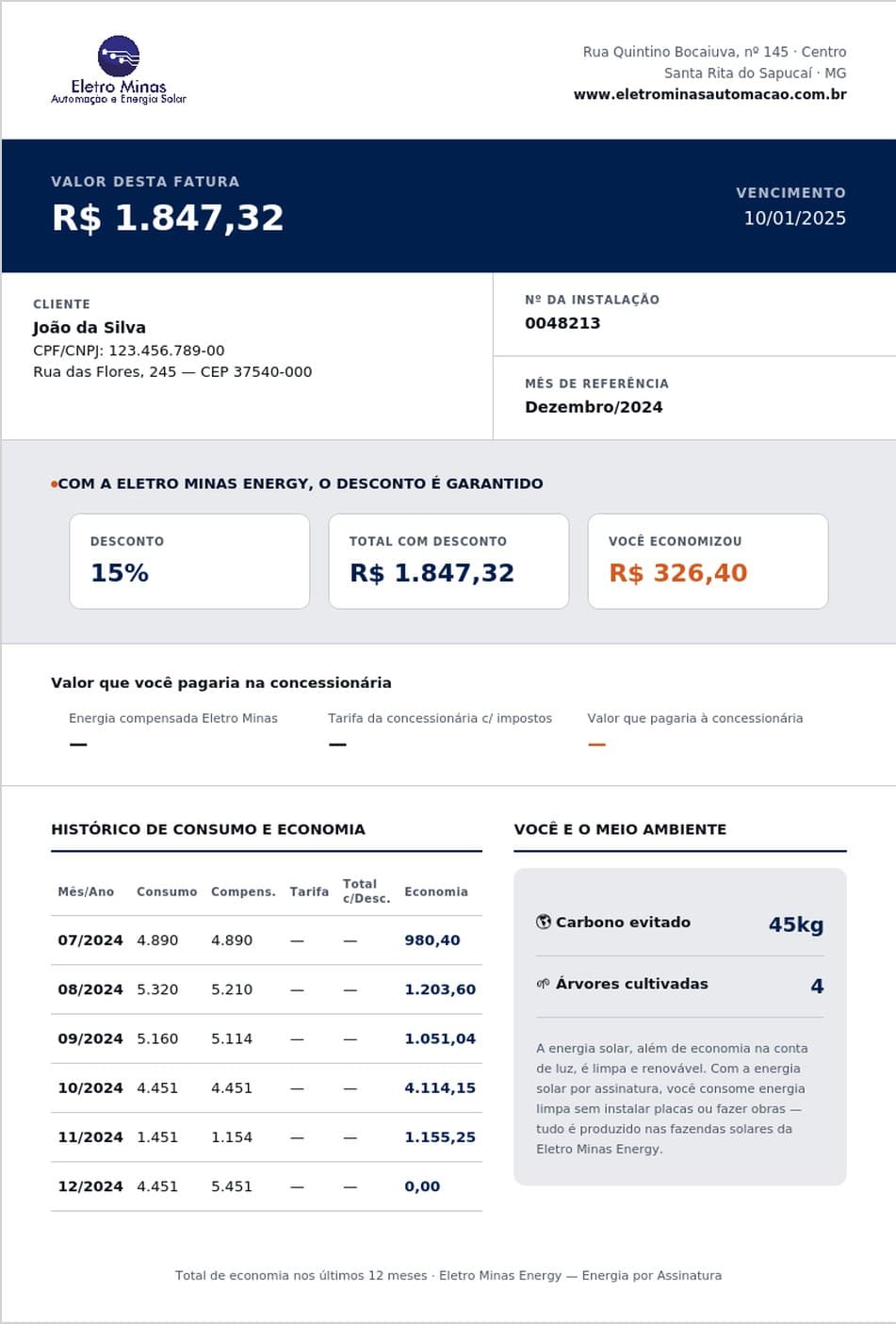 Fatura nova: valor a pagar em destaque no topo, hierarquia clara e histórico de economia organizado
